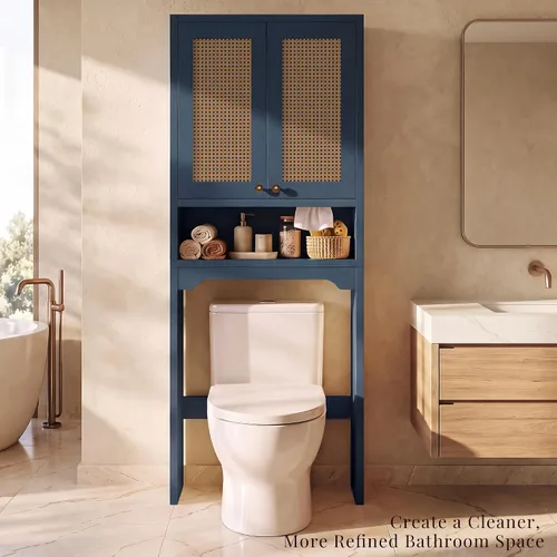 Vista 7 de Over the Toilet Storage Cabinet with Rattan Door & Adjustable Shelf, Blue