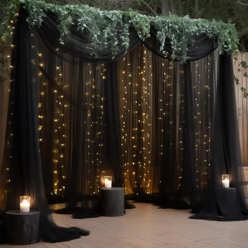 Vista 26 de Cortina de telón de fondo de tul negro de 10 x 10 pies con cadena de luces para fiestas, cortinas de fondo de fotos transparentes para bodas