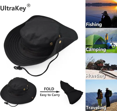 Vista 2 de Sombrero de protección solar de ala ancha para exteriores, clásico estilo militar de combate de EE. UU., gorra de sol para pesca, caza, campamento