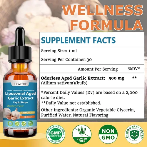 Vista 2 de Extracto de ajo añejo, gota líquida de 500 mg, extracto 15:1, suplemento de ajo orgánico inodoro para salud cardiovascular cardíaca e inmunológica