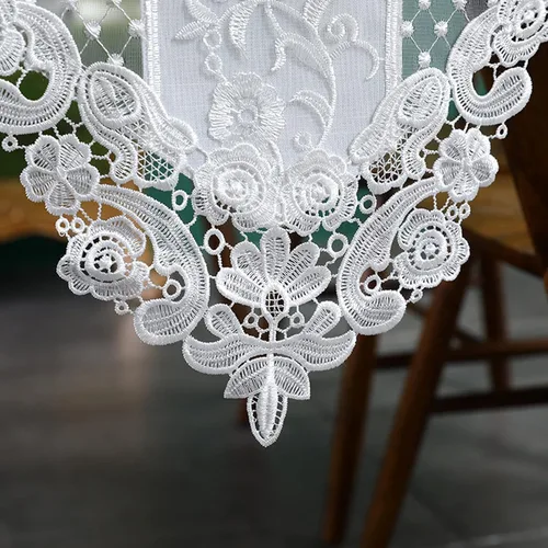 Vista 2 de Hsvanyr Camino de mesa de encaje blanco bordado, bufanda clásica rectangular de macramé, decoración de comedor, tocador, 12 x 27 pulgadas