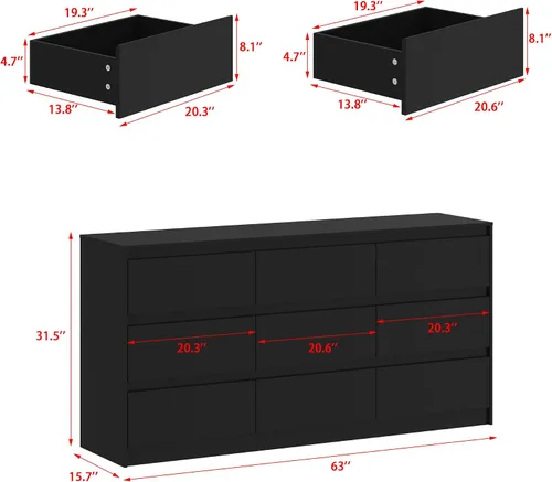 Vista 2 de Cómoda de 9 cajones para dormitorio con cajones profundos, cómodas grandes de piso de madera y cajoneras sin manijas, cómodas largas negras modernas