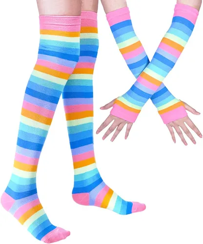 Vista 2 de SherryDC Conjunto de guantes sin dedos para mujer diseño de rayas arco iris hasta la rodilla calentadores de piernas
