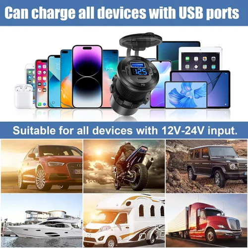 Vista 7 de Enchufe USB redondo de 12 V para automóvil, toma de corriente USB C de 12 V, cargador rápido marino de 3 puertos, impermeable, repuesto de salida