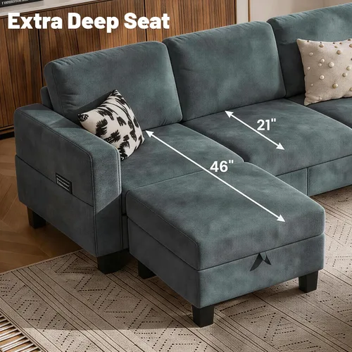 Vista 5 de Sofá modular de 78 pulgadas para sala de estar, sofá azul en forma de L con otomana de almacenamiento, asiento profundo, juego de sofá de tela