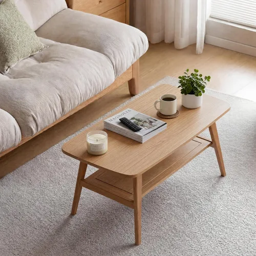Vista 9 de Mesa de centro pequeña para sala de estar, mesas pequeñas modernas de 2 niveles de mediados de siglo con almacenamiento en estantes, mesa de centro