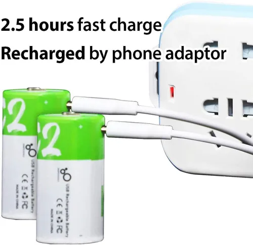 Vista 5 de Baterías C recargables de 1.5 V, 5000 mWh, batería recargable de iones de litio USB C con cable de carga USB tipo C, carga rápida de alta capacidad