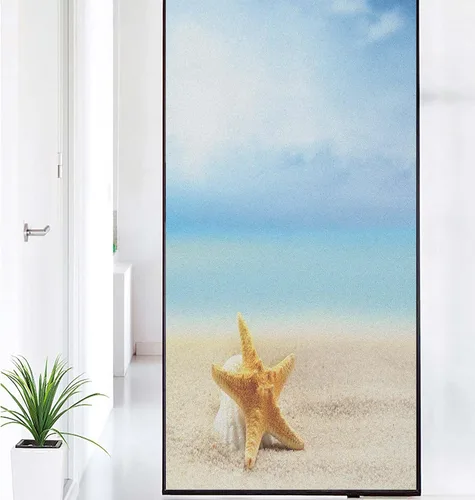 Vista 18 de Película decorativa de privacidad para ventana, control de calor, bloqueo solar, protección UV, diseño abstracto oceánico, adherencia estática Azul
