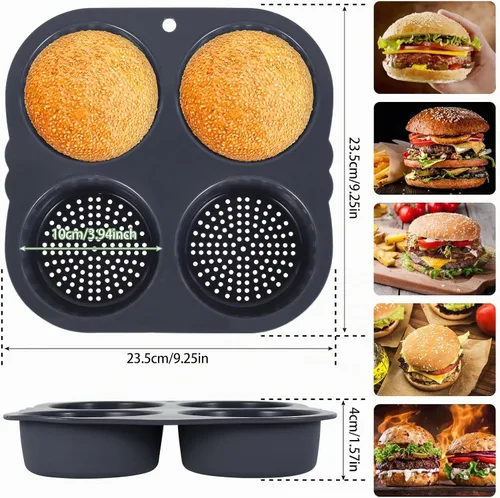 Vista 4 de Molde de silicona para bollo de hamburguesa con 4 cavidades, molde antiadherente para panecillos de hamburguesas flexible, fácil de liberar, lavable