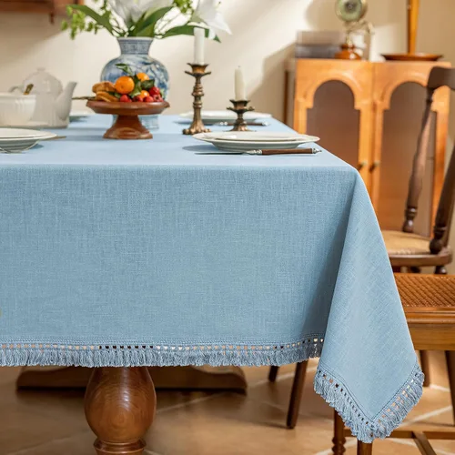 Vista 13 de AmHoo - Mantel de lino con borlas y bordado rectangular decorativo para mesa natural para cocina, comedor, buffet de boda, 55 x 55 pulgadas, negro