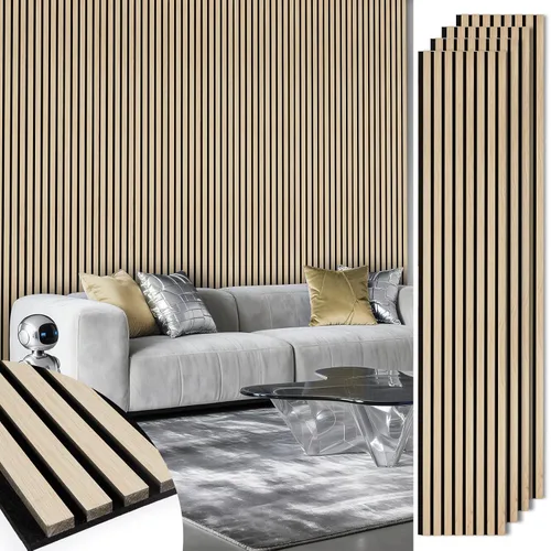 Vista 15 de Paneles de listones de madera acústica, paneles de pared de madera insonorizados, panel acanalado 3D para decoración de pared interior, sala