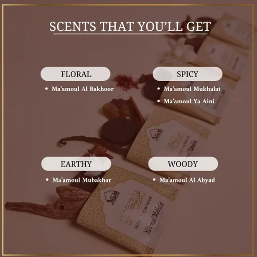 Vista 5 de Dukhni Maamoul Bakhoor caja de variedad con quemador y aceite Attar Set Auténtico incienso árabe y aceites de fragancia Conjuntos de regalo