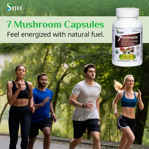 Vista 7 de Sayan 7 Extracto de hongos 90 cápsulas/440 mg ea – Apoyo inmunológico y energía – Chaga orgánico, Reishi, melena de león, maitake, shiitake, mezcla