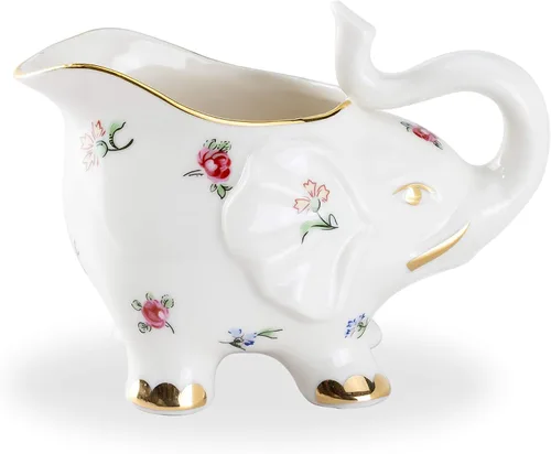 Vista 3 de Elefante feliz de porcelana fina (juego de té de 3 piezas, spray floral pequeño) con ribete dorado
