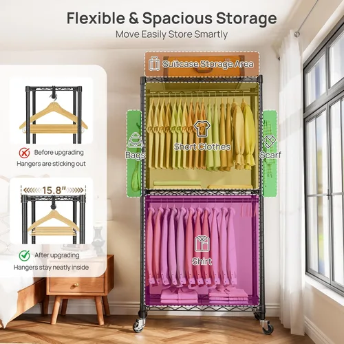 Vista 4 de Estante para ropa resistente con ruedas, estante enrollable para prendas, estantes ajustables de alambre de 3 niveles para colgar ropa con barras