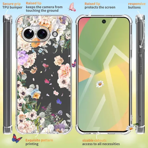 Vista 5 de Funda para Google Pixel 9A 5G, diseño de flores, delgada, anticaídas, a prueba de golpes, suave, a prueba de golpes, transparente, funda protectora