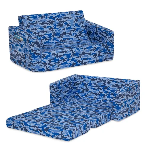 Vista 4 de Delta Children Cozee - Sofá 2 en 1 extra ancho convertible a tumbona, cómodo sofá abatible para niños, camuflaje azul