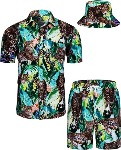 Vista 6 de TUNEVUSE Conjunto de camisas y pantalones cortos hawaianos para hombre, 2 piezas, trajes de playa con estampado de flores, traje tropical de verano