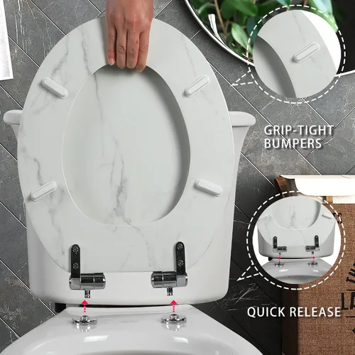 Vista 4 de Asiento para retrete Angel Shield de mármol con madera moldeada duradera con cierre silencioso, fácil de limpiar, bisagras de liberación rápida