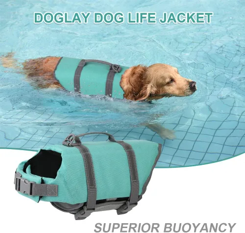 Vista 4 de Doglay Chaleco salvavidas para perros con asa de rescate, chaleco salvavidas para perros para nadar en barco, chaleco de natación reflectante Azul