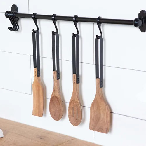 Vista 2 de Utensilios de madera para cocina de madera de acacia, hermoso diseño moderno, cabezales de madera rústica y asas de acero inoxidable, resistentes a