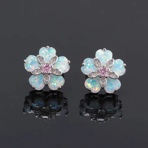 Vista 3 de CiNily Aretes tipo dormilona de ópalo con flores para mujer, chapados en rodio, hipoalergénicos, grandes piedras preciosas de 1932 pulgadas