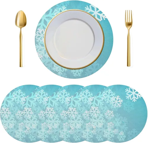 Vista 16 de Juego de 6 manteles individuales redondos, copos de nieve sobre rojo oscuro, resistentes al calor, para mesa de comedor, decoración de Navidad