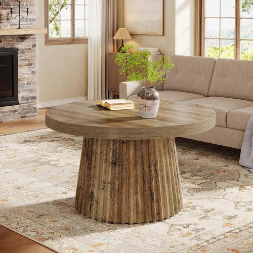 Vista 9 de Tribesigns - Mesa de café, mesa de café redonda pequeña de 31.5" de estilo granja con base de tambor estriada, mesa central de acento boho moderna