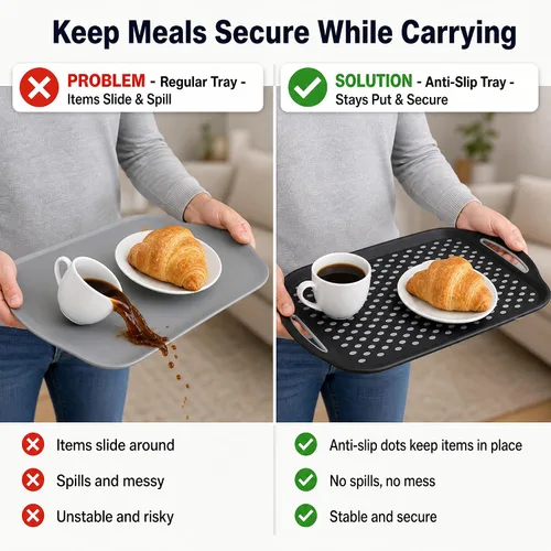 Vista 13 de Bandeja grande antideslizante con asas, bandejas de comida para regazo con puntos de agarre de silicona para comer, aptas para lavavajillas