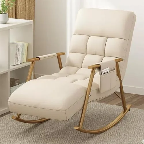 Vista 11 de Modern Upholstered Rocking Chair with Adjustable Backrest and Side Pocket High Capacity for Comfortable Seating in Bedroom and Living Amarillo