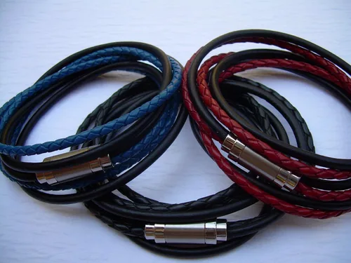 Vista 3 de Handmade Triple Leather Wrap Bracelet with Stainless Steel Magnetic Matte Clasp - Genuine Leather Bracelet for Men - Available sizes: 6,6.5,7,7.5,8