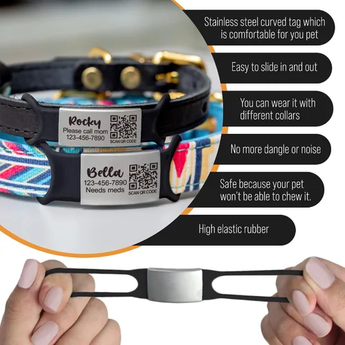 Vista 5 de Etiqueta de identificación de mascotas personalizada con código QR, etiqueta de nombre silenciosa deslizante para perros y gatos, etiqueta
