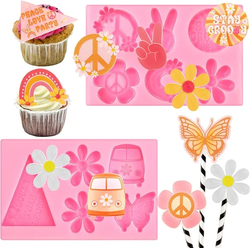 Vista 8 de Jinei - Juego de 2 moldes de silicona Groovy para fondant, margarita, arco