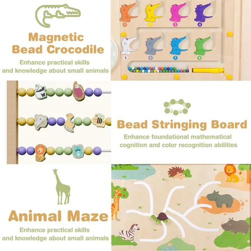 Vista 5 de Foldable Wooden Playpen, Natural Wood Baby Playpen with Adjustable Size and Shape, Portable Includes 2 Game Boards, 10+ Toy Set, Suitable for Indoor
