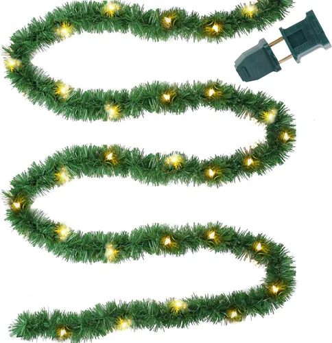 Vista 8 de Biswing Guirnalda verde de Navidad preiluminada de 15 pies, guirnaldas de pino artificial iluminadas con 35 luces multicolor, conectables e