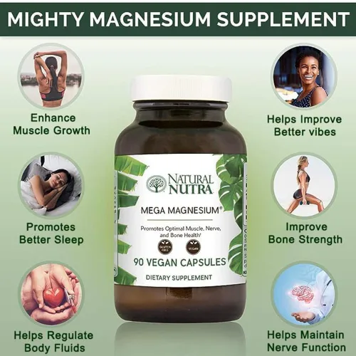 Vista 3 de Natural Nutra Suplemento de mega magnesio de aminoácidos malato, quelato, citrato, mejora la fuerza ósea 400 mg, 90 cápsulas