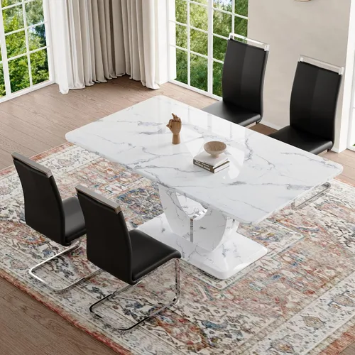 Vista 25 de Moderno juego de mesa de comedor de mármol sintético para 4, mesa de cocina rectangular blanca de 63 pulgadas con elegante base de pedestal