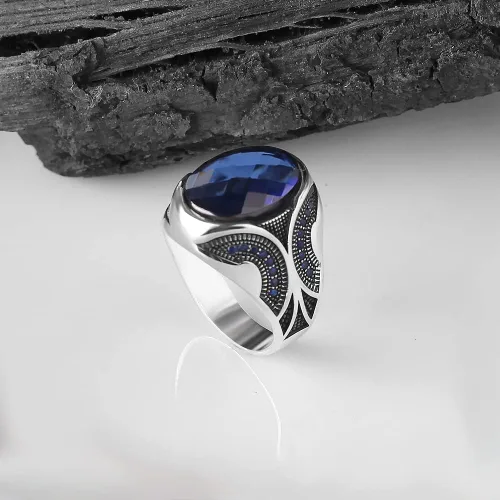Vista 2 de Anillo de plata de ley 925 para hombre con piedra preciosa de zafiro, anillo de plata grabado hecho a mano, regalo para él, anillo de plata