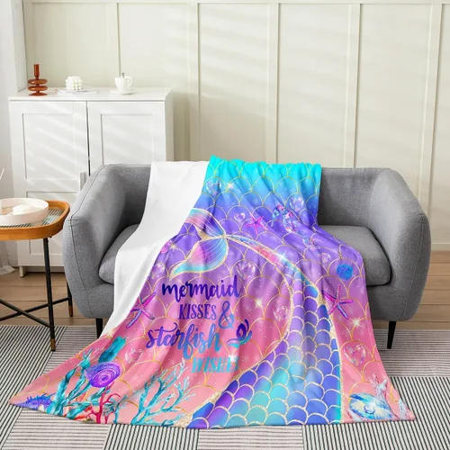 Vista 7 de Erosebridal Manta de cola de sirena para niños, manta de vellón de sirena de 40 x 50 pulgadas para niñas, manta de franela de escamas de peces