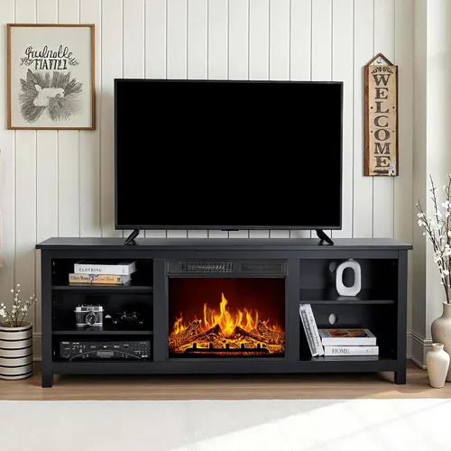 Vista 7 de AMERLIFE Soporte de TV con chimenea, centro de entretenimiento con textura de madera con chimenea eléctrica de 23 pulgadas, soporte