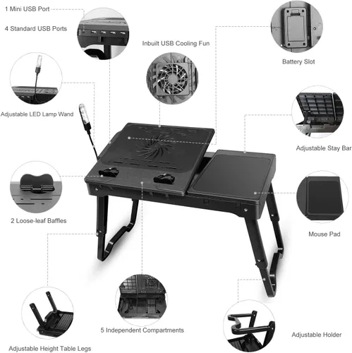 Vista 3 de iMounTEK Mesa para computadora portátil, mesa para computadora portátil, bandeja multifuncional con ventilador de refrigeración interno, escritorios