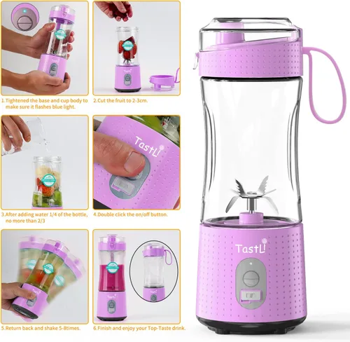 Vista 5 de Licuadora portátil, licuadora de batidos, pequeña licuadora personal para batidos, batidos y mezclas de proteínas, inalámbrica, eléctrica, Rosa