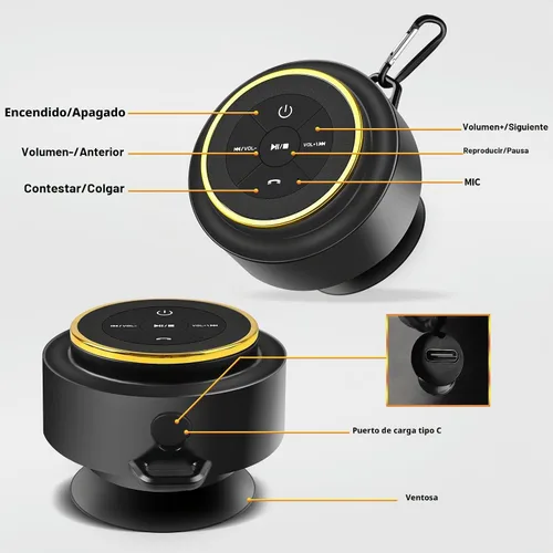 Vista 8 de Altavoz de ducha Bluetooth con mosquetón, altavoces Bluetooth portátiles con ventosa, IP67 impermeable, inalámbrico, flotante, para camping, playa