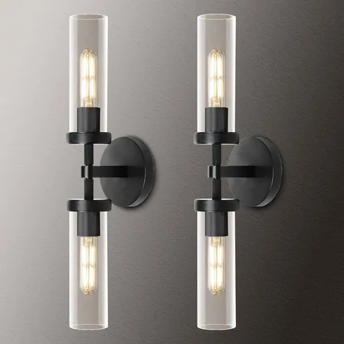 Vista 11 de Lámparas de Pared de Latón Dorado de 2 Luces con Textura Estriada, Lámparas de Pared de Vidrio Doble de 30 Pulgadas, Lámparas de Pared para Tocador