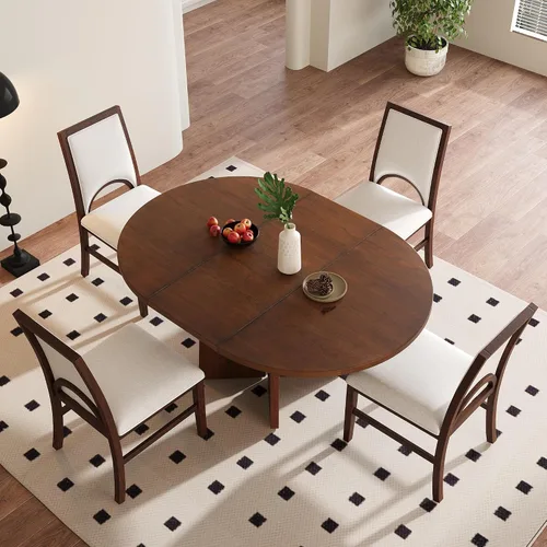 Vista 11 de VilroCaz Juego de comedor funcional retro de 5 piezas, mesa de comedor extensible de madera maciza con una hoja de 16 pulgadas y 4 sillas tapizadas