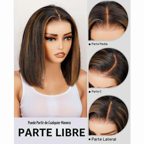Vista 3 de RECOOL Peluca de cabello humano Bob de 5 x 6 con encaje frontal lacio, pelucas cortas, sin pegamento, cabello humano virgen brasileño, nudos pelucas