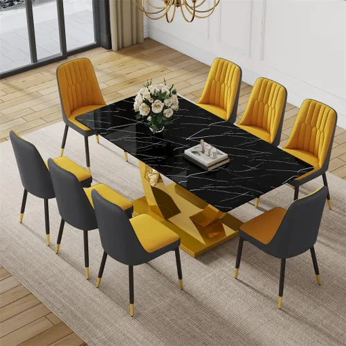 Vista 11 de Juego de mesa de comedor negra para 4, 63 x 35.4 x 30 pulgadas, mesa de comedor moderna rectangular con patas y base de acero inoxidable, sillas