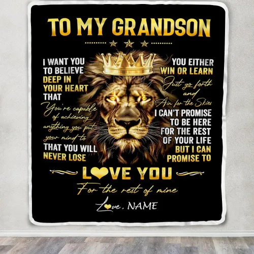 Vista 3 de Manta personalizada con texto en inglés «To My Grandson from Grandma Grandpa You Will Never Lose Lion Nison», manta de forro polar personalizada