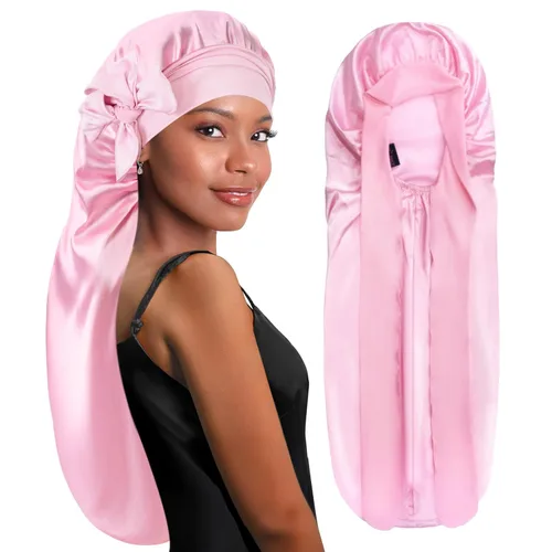 Vista 17 de BONNET QUEEN Gorro de Trenza de Seda Gorro Plegable Extra Largo para Trenzas con Banda de Atar, Capó de Satén Largo para Dormir, Verde Oscuro