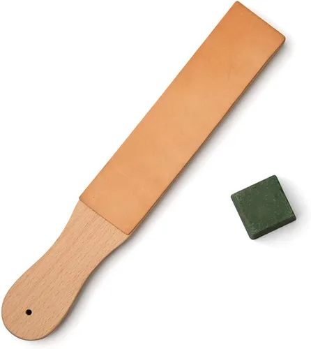Vista 7 de Afilador de cuero natural con compuesto de pulido verde, tabla de pulir de madera con mango negro de doble cara, cuero curtido vegetal, herramienta